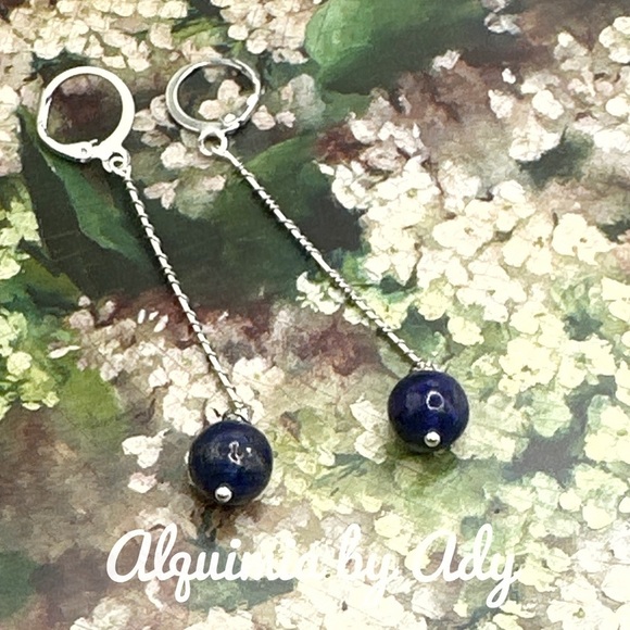Silver and Lapis lazuli statement minimalist very long earrings - Picture 1 of 10